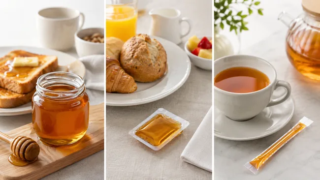 Honey jars, sachets, and stick packs for different customer uses
