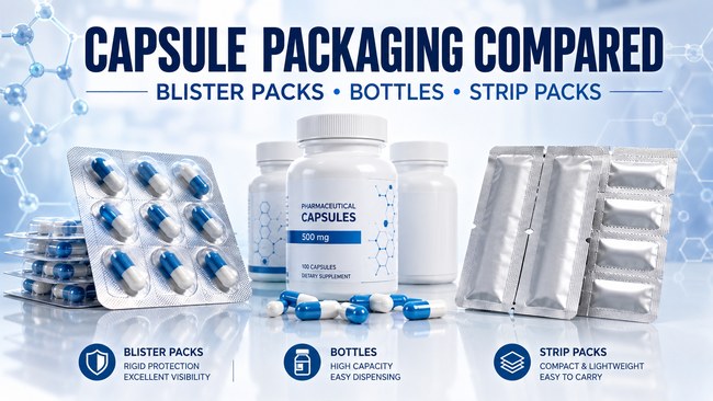 Capsule packaging compared with blister packs, bottles, and strip packs