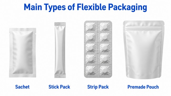 Main types of flexible packaging including sachet, stick pack, strip pack, and premade pouch