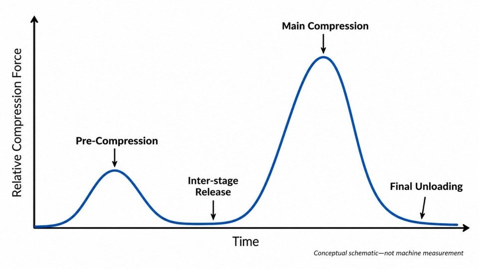 Conceptual tablet press force-time curve showing pre-compression, pressure release and main compression