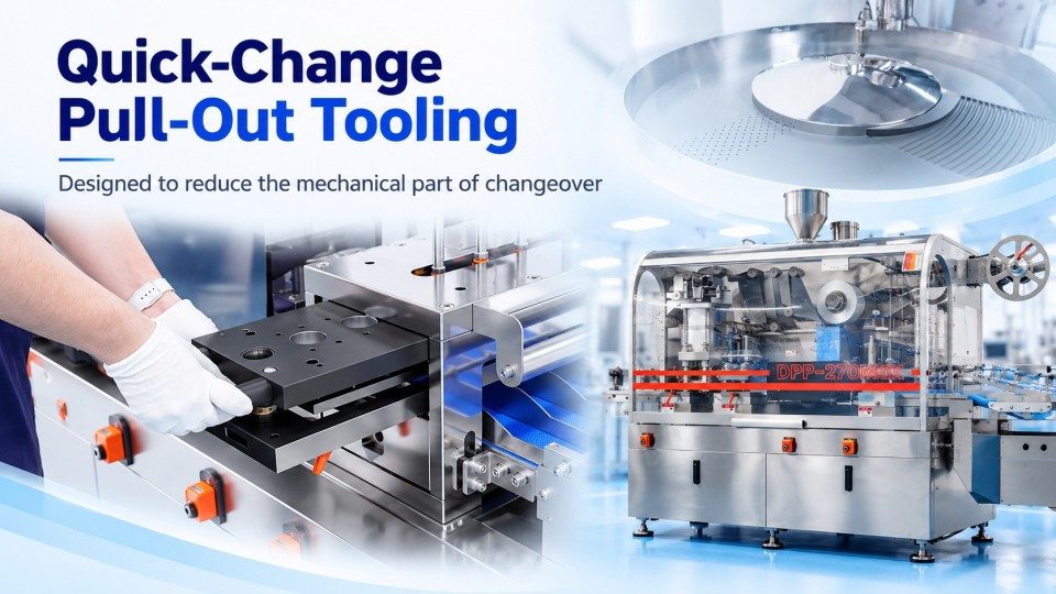 Operator replacing pull-out tooling on a Rich Packing DPP-270Max blister packaging machine