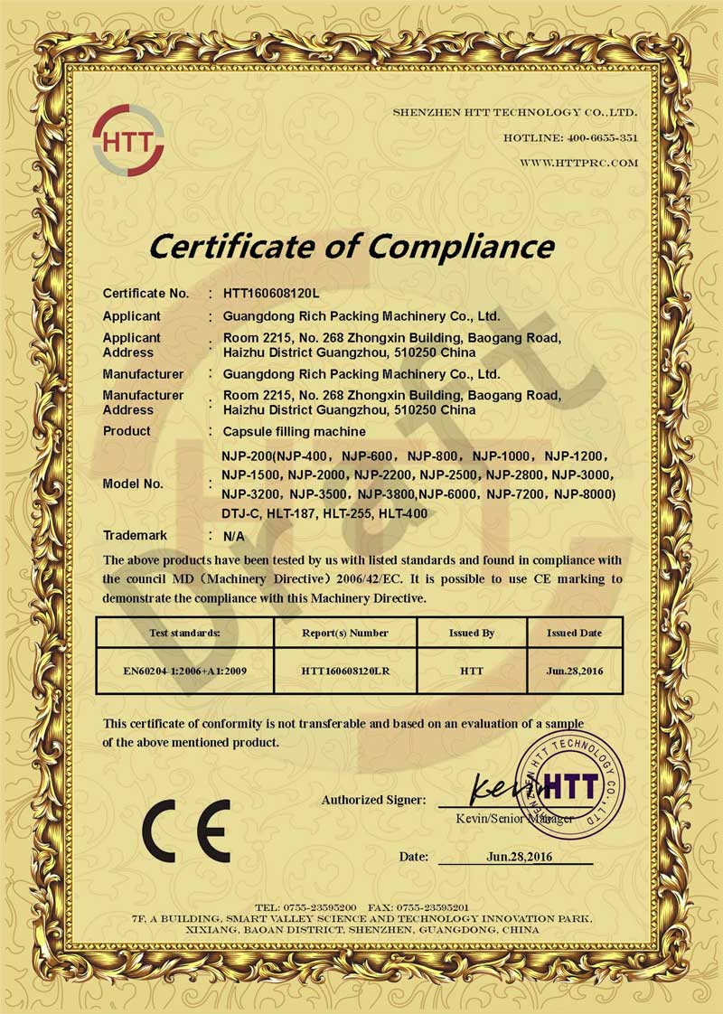 Rich Packing CE-Zertifizierung der Kapselfüllmaschine CE